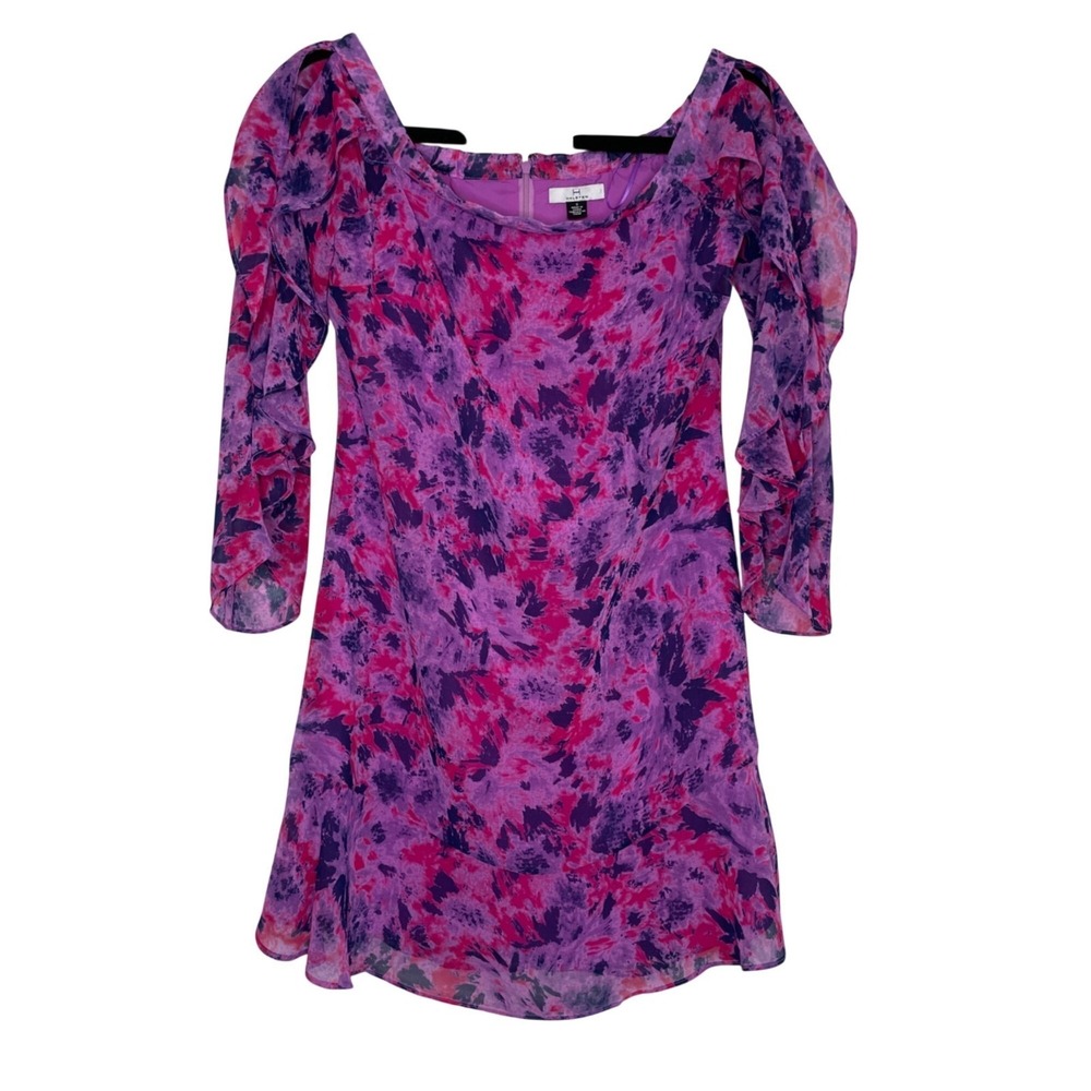 Halston Mini Dress Womens S Purple Pink Abstract‎ Floral Ruffle Cold Shoulder